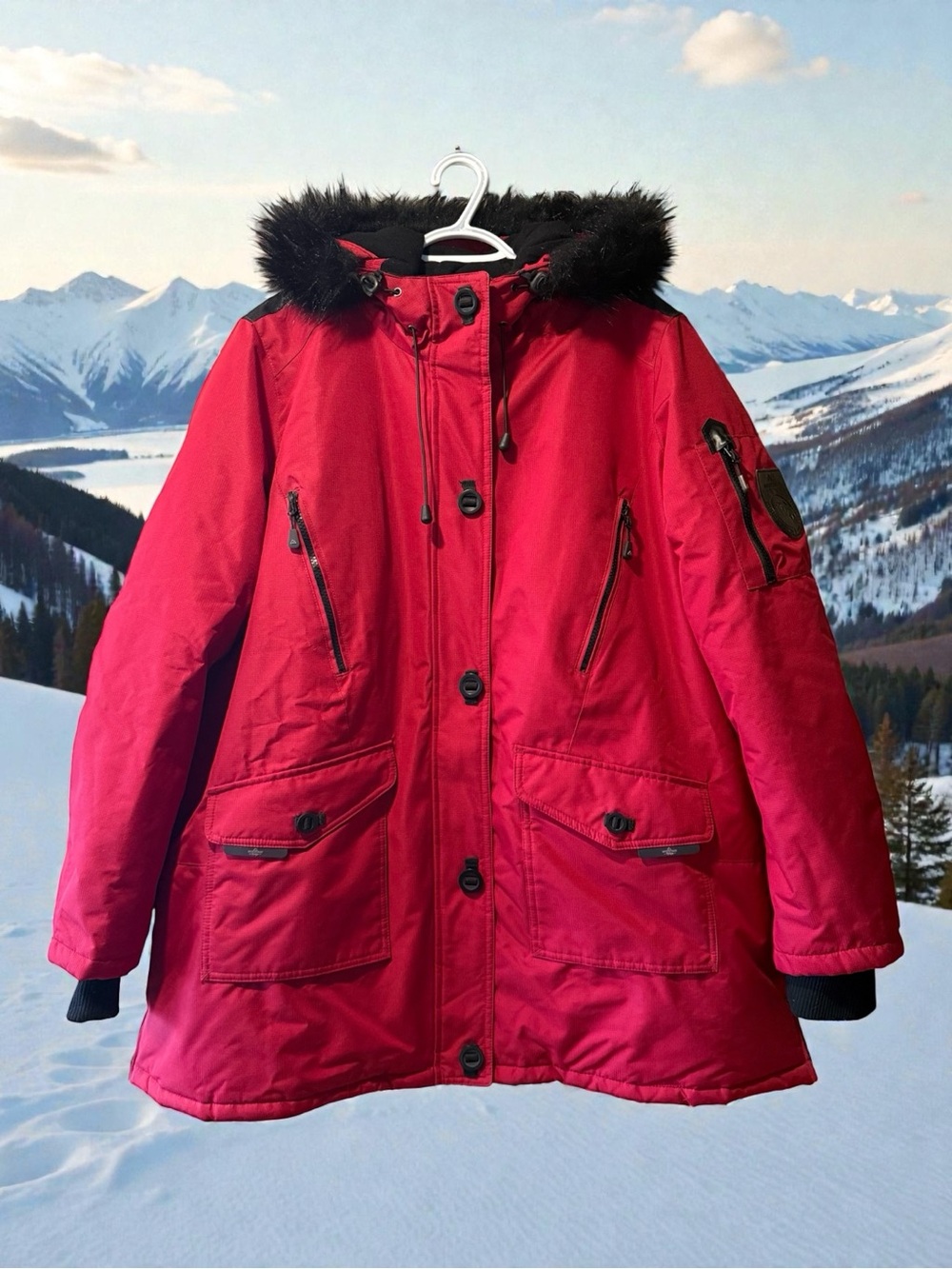 Mountain Ridge Red Parka Coat with Faux Fur Hood